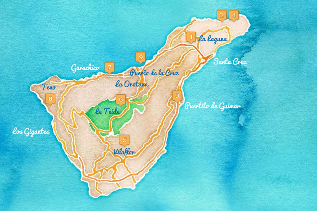 Carte de l'ile de Tenerife dans l'archipel des canaries