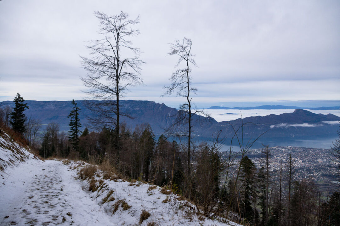rando hivernale au Mont Revard avec la vue sur le lac du Bourget