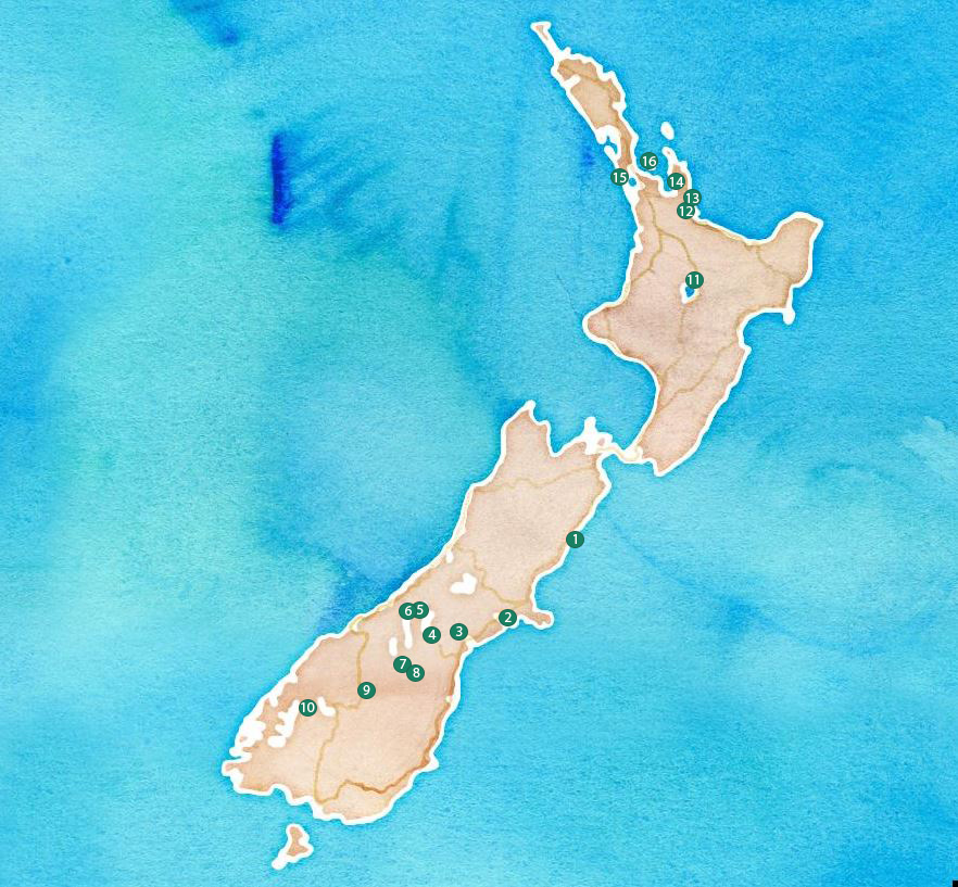 carte des plus belles randonnées en Nouvelle Zélande
