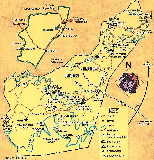 Carte de la réserve d'Hluhluwe-iMfolozi